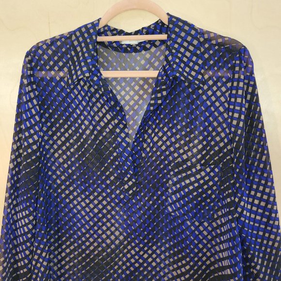 Pleione Blue Multicolor Geometric V Neck Long Sleeve Tunic Blouse Women Size M - Picture 6 of 9